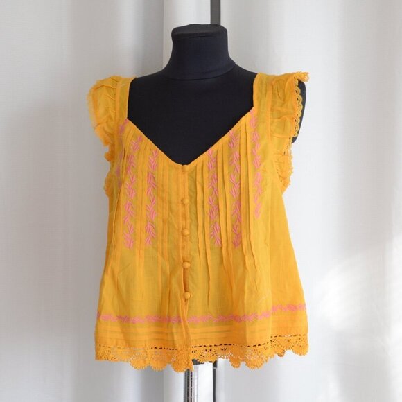 NWT Anthropologie Maeve Flutter-Sleeve Pintuck Embroidered Top Sz XS - Picture 3 of 10
